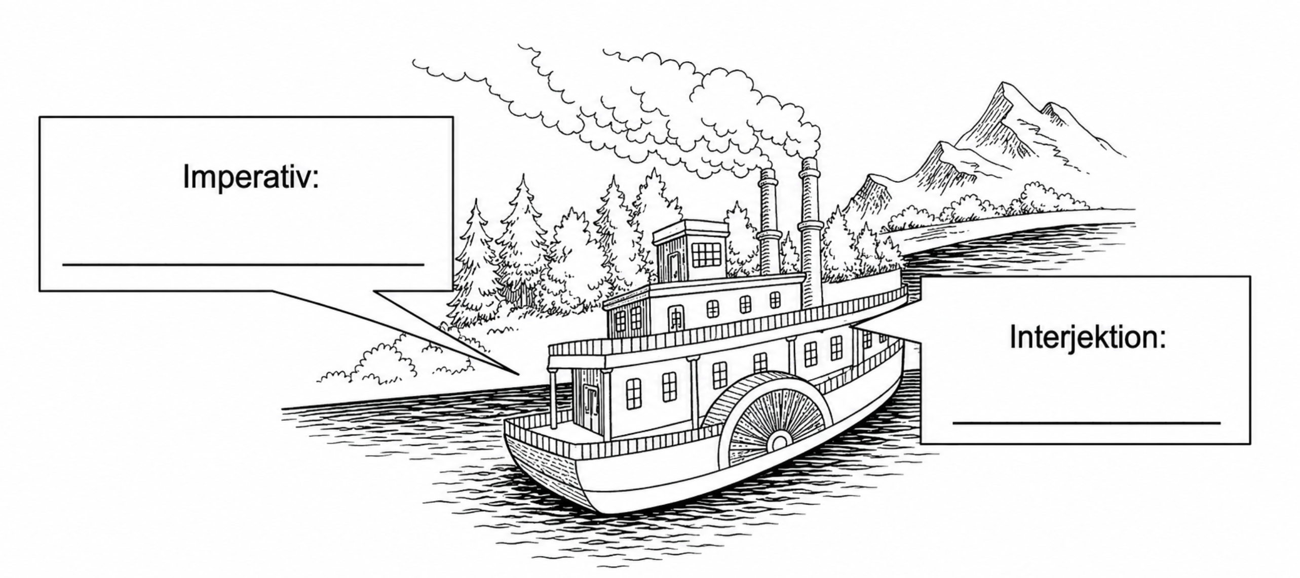 Dampfschiff-Zeichnung: Schiff auf Fluss, rauchende Schornsteine, Ufer mit Bäumen und Bergen, zwei leere Felder 'Imperativ'/'Interjektion'.